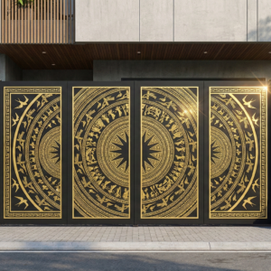 Cổng Sắt CNC 4 Cánh Họa Tiết Trống Đồng - Mẫu HV.01 (Mẫu Mới Nhất 2026)